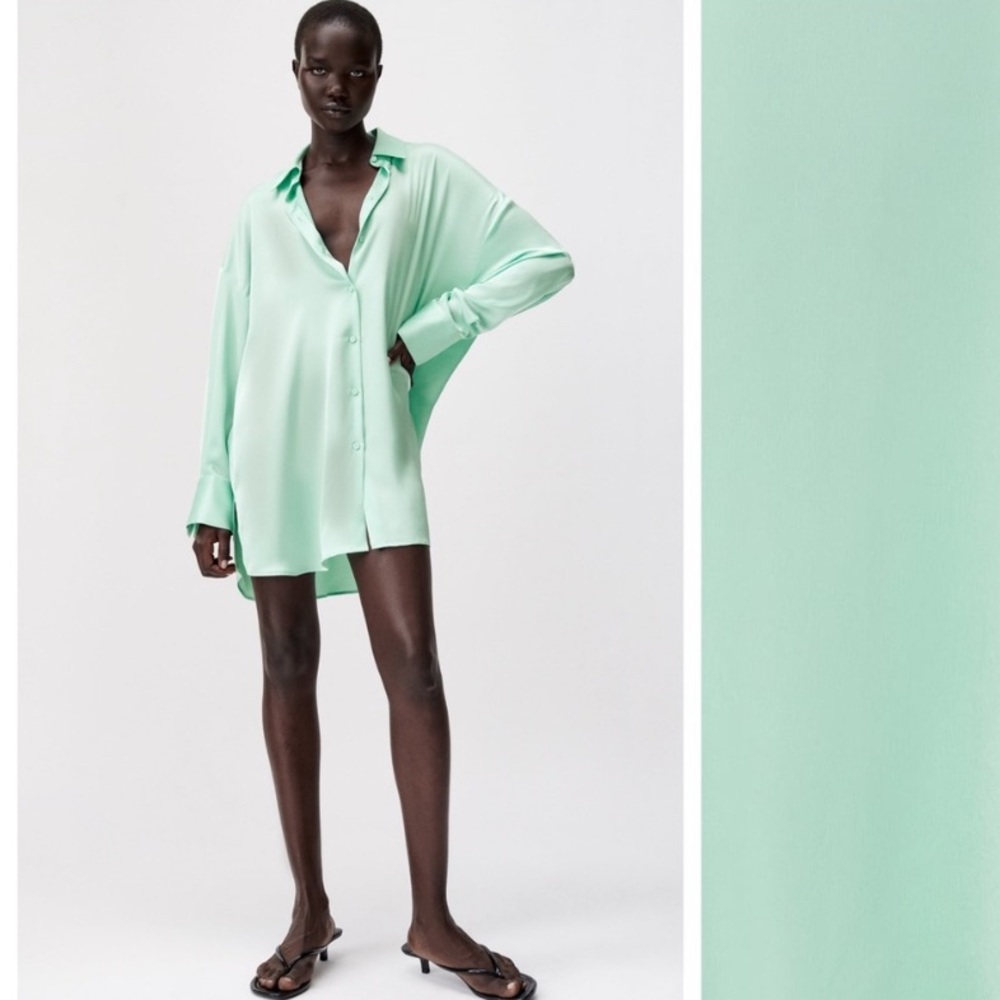 Zara Pistachio Satin Effect Long Oversized Shirt. Size Small